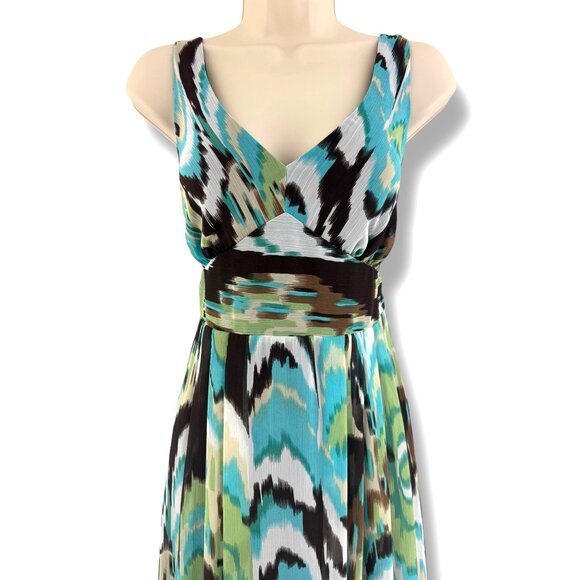 R&M Richards Watercolor Ikat Print Empire Waist Chiffon Dress Size 12 Summer - Picture 2 of 7